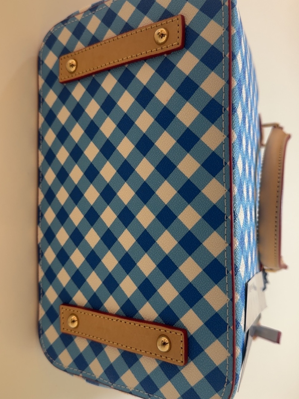 NWT Dooney & Bourke Blue Gingham Satchel with Tan Trim and Red-Edged Strap - Picture 8 of 10